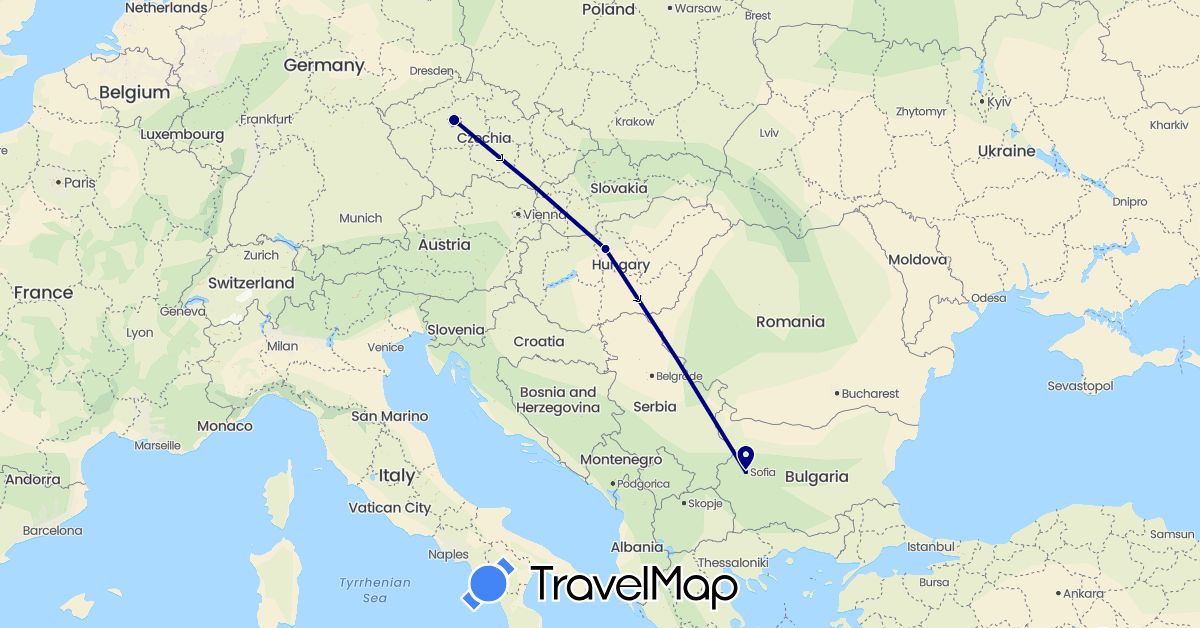 TravelMap itinerary: driving in Bulgaria, Czech Republic, Hungary (Europe)